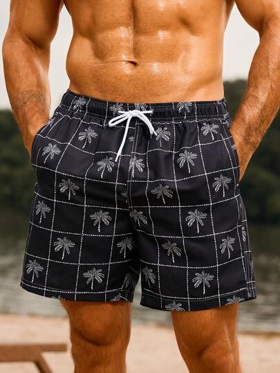 Manfinity Swimmode شورتات شاطئ رجالية قصيرة ذات خصر بحبل وطباعة أشجار النخيل