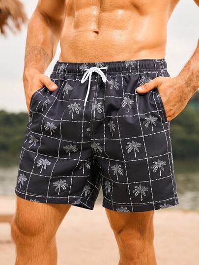 Manfinity Swimmode شورتات شاطئ رجالية قصيرة ذات خصر بحبل وطباعة أشجار النخيل