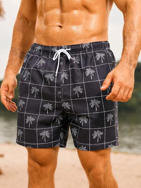 Manfinity Swimmode شورتات شاطئ رجالية قصيرة ذات خصر بحبل وطباعة أشجار النخيل