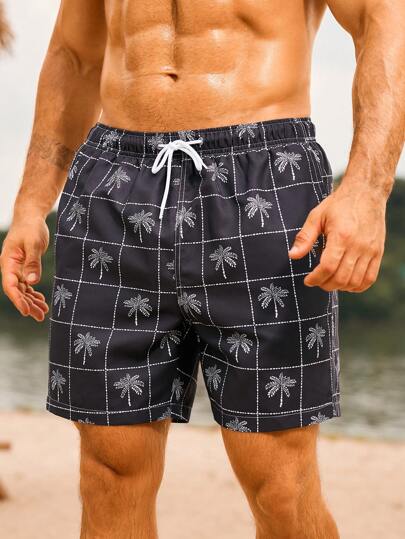 Manfinity Swimmode شورتات شاطئ رجالية قصيرة ذات خصر بحبل وطباعة أشجار النخيل