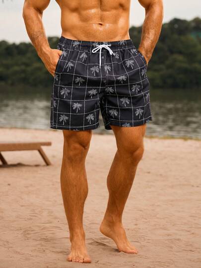 Manfinity Swimmode شورتات شاطئ رجالية قصيرة ذات خصر بحبل وطباعة أشجار النخيل