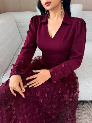 Modelyn فستان أنيق للسيدات بتصميم شبكي نسيج مزخرف بنقوش زهور ثلاثية الأبعاد