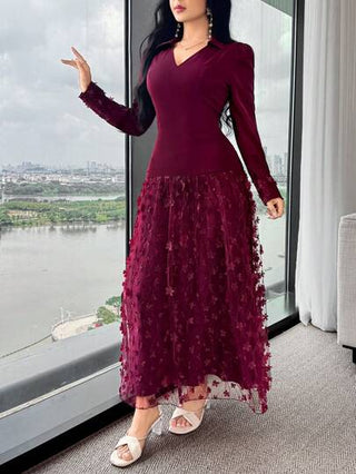 Modelyn فستان أنيق للسيدات بتصميم شبكي نسيج مزخرف بنقوش زهور ثلاثية الأبعاد