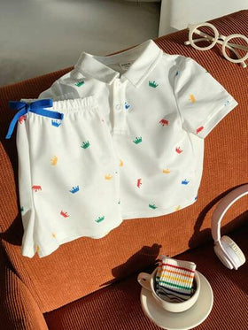 SHEIN مجموعتان بلوزة بولو مطبوعة بتاج أنيقة للأولاد الرضع مع شورت ذو خصر مطاطي مناسب لحفلات عيد الميلاد وحفلات المساء والأعراس وحفلات استقبال المواليد وحفلات المعمودية والاحتفال بعيد الميلاد الأول