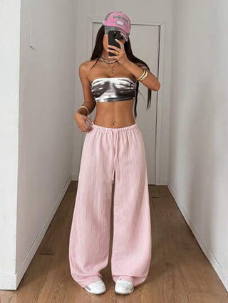 PETITE بنطلون نسائي ذو نسيج ملمس، ساق مستقيمة ، صيفي