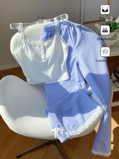 Comfortcana طقم بسترة وبنطال مخطط مزود بكأس دانتيل للنساء