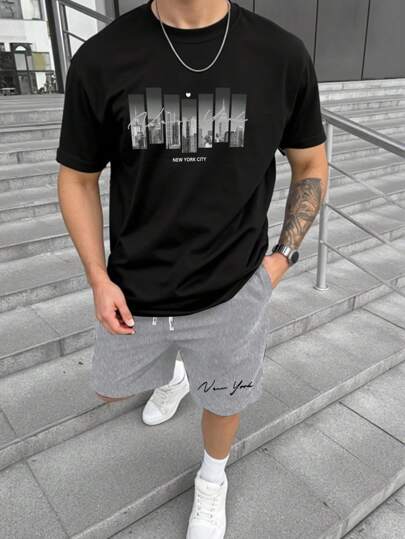 Manfinity Homme مجموعة تيشيرت كاجوال وشورت مطبوعة برسومات المدينة، صيفي
