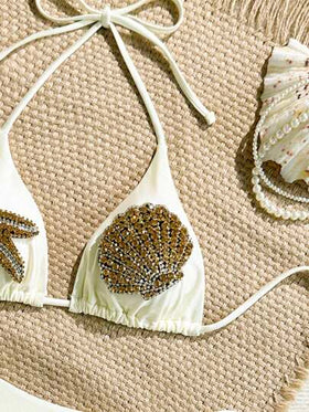 Swim Vcay مجموعة بحر نسائية مكونة من ملابس علوية تانكيني ومفرق سفلي مزين بالراين ستون والأصداف والنجوم البحرية، 2 قطعة