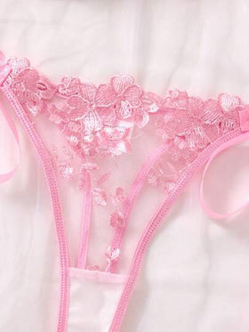 SHEIN مجموعة ملابس داخلية نسائية مكونة من 2 قطعة، سماوي اللون، مطرزة بالدانتيل وبتصميم رباط جذاب