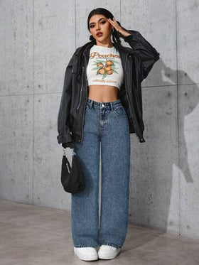 SHEIN PETITE بنطال جينز نسائي بقصة فضفاضة وجيوب ذو ساق واسعة مريح وعملي