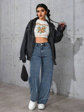 SHEIN PETITE بنطال جينز نسائي بقصة فضفاضة وجيوب ذو ساق واسعة مريح وعملي
