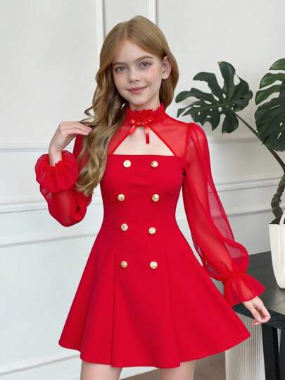 SHEIN Serisse Kids فستان بكم متناقض من الشبكة للبنات المراهقات بقصة A-line ذو فيونكة، مناسب للارتداء اليومي، المناسبات غير الرسمية، الحفلات الأنيقة، حفلات عيد الميلاد