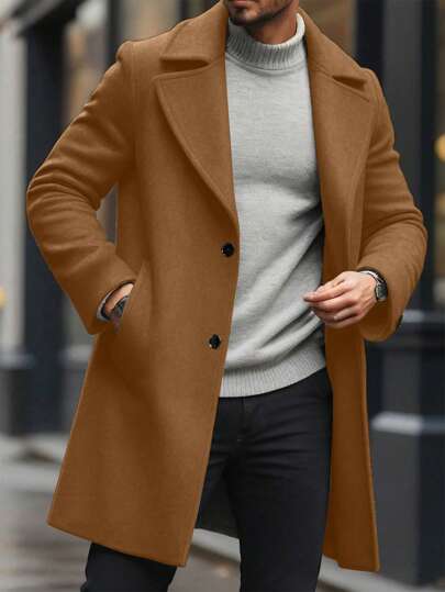 Manfinity Homme معطف رجالي أحادي الصدر بياقة واسعة وأكمام طويلة للاستخدام اليومي، معطف شتوي باللون البني أو البيج. هدية رائعة للصديق أو الزوج.