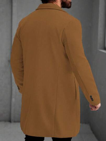 Manfinity Homme معطف رجالي أحادي الصدر بياقة واسعة وأكمام طويلة للاستخدام اليومي، معطف شتوي باللون البني أو البيج. هدية رائعة للصديق أو الزوج.
