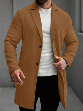 Manfinity Homme معطف رجالي أحادي الصدر بياقة واسعة وأكمام طويلة للاستخدام اليومي، معطف شتوي باللون البني أو البيج. هدية رائعة للصديق أو الزوج.