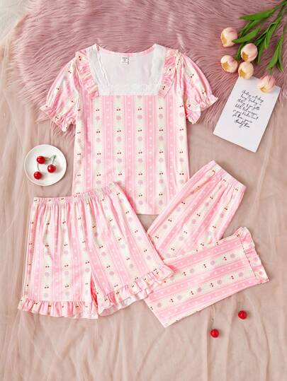 SHEIN 3 قطع مجموعة بيجامات طويلة الأكمام مع شورت كروشيه بطبعة حلوى الكرز ورقعة وياقة مربعة مطرزة