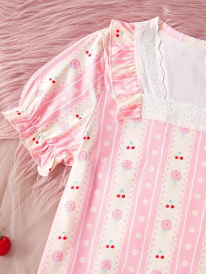 SHEIN 3 قطع مجموعة بيجامات طويلة الأكمام مع شورت كروشيه بطبعة حلوى الكرز ورقعة وياقة مربعة مطرزة
