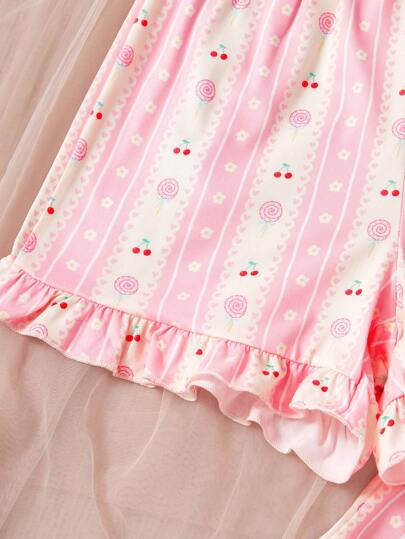 SHEIN 3 قطع مجموعة بيجامات طويلة الأكمام مع شورت كروشيه بطبعة حلوى الكرز ورقعة وياقة مربعة مطرزة