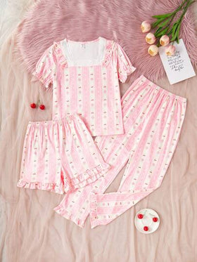 SHEIN 3 قطع مجموعة بيجامات طويلة الأكمام مع شورت كروشيه بطبعة حلوى الكرز ورقعة وياقة مربعة مطرزة
