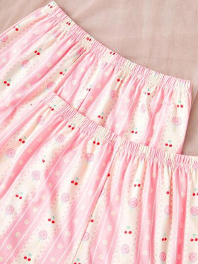 SHEIN 3 قطع مجموعة بيجامات طويلة الأكمام مع شورت كروشيه بطبعة حلوى الكرز ورقعة وياقة مربعة مطرزة