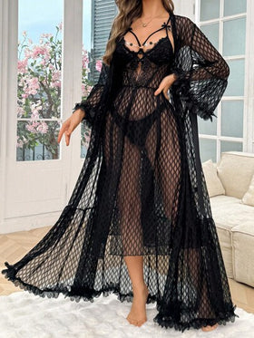 SHEIN طقم قطعتين: روب شبكي مطرز بالزهور + قميص نوم محاط بتطريز الأقمشة والأصداف، ملابس نوم فخمة للنساء