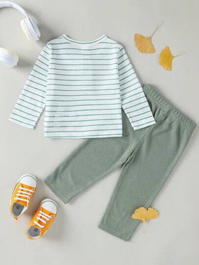 SHEIN Playful Pals مجموعة ملابس طفل ولد مكونة من 2 قطعة، قميص كم طويل مخطط بطراز كلاسيكي وبنطلون بلون مغاير، مناسبة للربيع/الخريف، للارتداء اليومي، للخروجات، الحفلات، العطلات، الحدائق