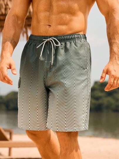 Manfinity Swimmode شورتات شاطئية رجالية بخصر رباط واسحب من قماش الأومبير، كاجوال للإجازة