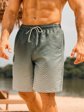Manfinity Swimmode شورتات شاطئية رجالية بخصر رباط واسحب من قماش الأومبير، كاجوال للإجازة