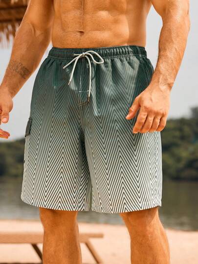 Manfinity Swimmode شورتات شاطئية رجالية بخصر رباط واسحب من قماش الأومبير، كاجوال للإجازة