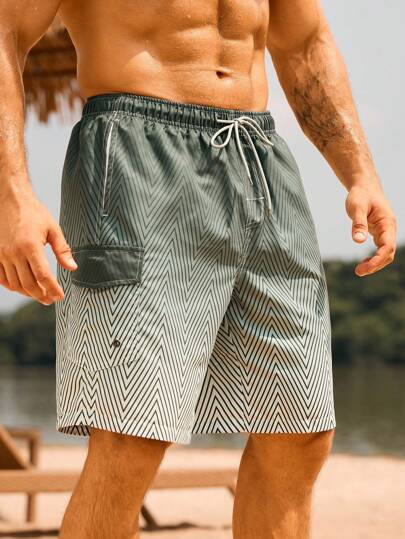 Manfinity Swimmode شورتات شاطئية رجالية بخصر رباط واسحب من قماش الأومبير، كاجوال للإجازة