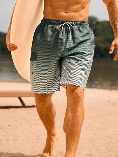 Manfinity Swimmode شورتات شاطئية رجالية بخصر رباط واسحب من قماش الأومبير، كاجوال للإجازة