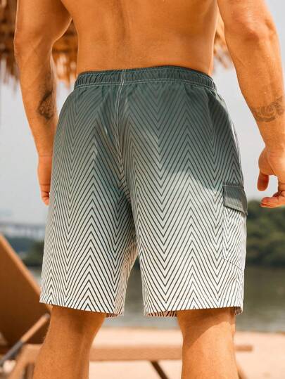 Manfinity Swimmode شورتات شاطئية رجالية بخصر رباط واسحب من قماش الأومبير، كاجوال للإجازة