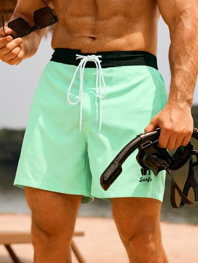 Manfinity Swimmode شورت كاجوال رجالي فضفاض مع رباط خصر، صيفي