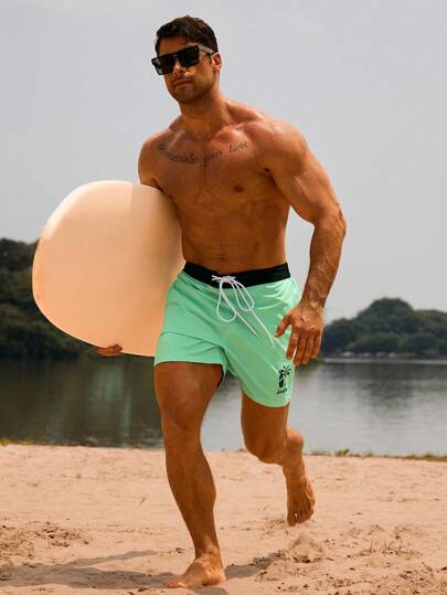 Manfinity Swimmode شورت كاجوال رجالي فضفاض مع رباط خصر، صيفي