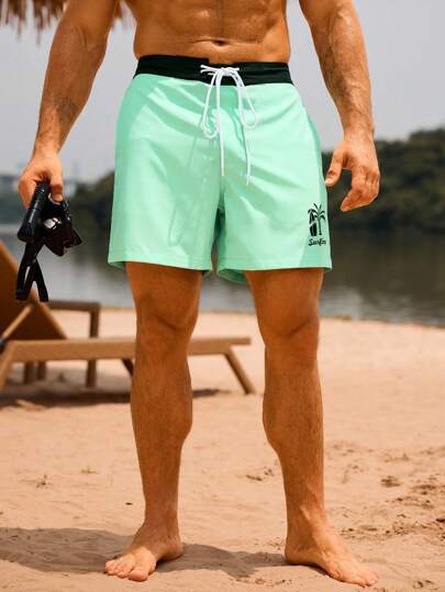Manfinity Swimmode شورت كاجوال رجالي فضفاض مع رباط خصر، صيفي