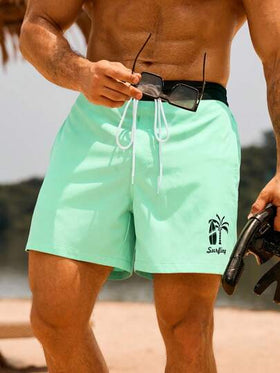 Manfinity Swimmode شورت كاجوال رجالي فضفاض مع رباط خصر، صيفي