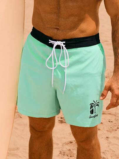 Manfinity Swimmode شورت كاجوال رجالي فضفاض مع رباط خصر، صيفي