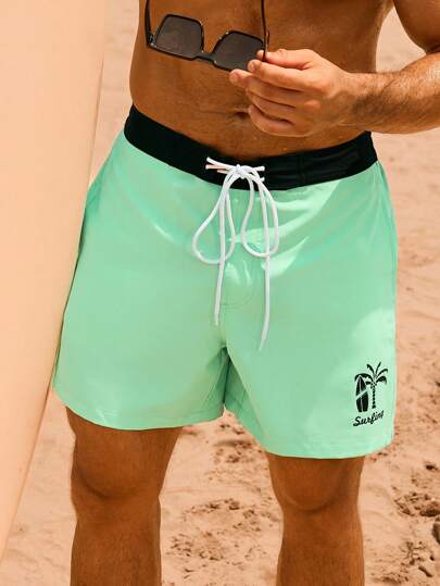 Manfinity Swimmode شورت كاجوال رجالي فضفاض مع رباط خصر، صيفي