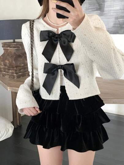 SHEIN معطف أنيق طويل الأكمام مزين بفيونكة ذات لون متباين للمراهقات، مناسب للحفلات والعطلات، من نسيج التويد مع تفاصيل فيونكة سوداء، مناسب للخريف والشتاء