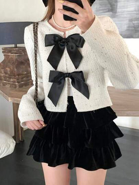 SHEIN معطف أنيق طويل الأكمام مزين بفيونكة ذات لون متباين للمراهقات، مناسب للحفلات والعطلات، من نسيج التويد مع تفاصيل فيونكة سوداء، مناسب للخريف والشتاء