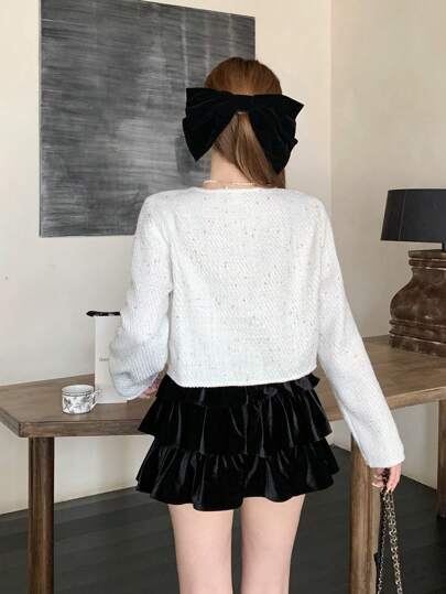 SHEIN معطف أنيق طويل الأكمام مزين بفيونكة ذات لون متباين للمراهقات، مناسب للحفلات والعطلات، من نسيج التويد مع تفاصيل فيونكة سوداء، مناسب للخريف والشتاء
