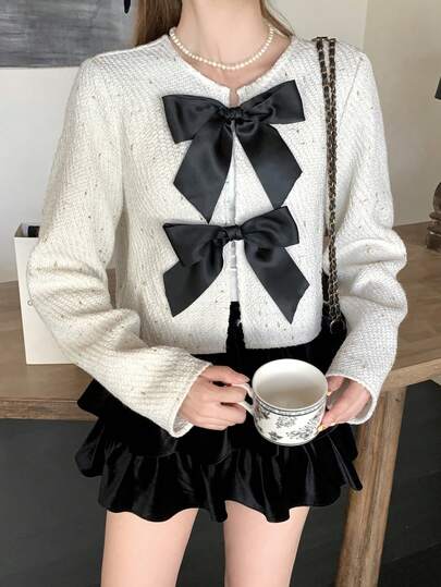 SHEIN معطف أنيق طويل الأكمام مزين بفيونكة ذات لون متباين للمراهقات، مناسب للحفلات والعطلات، من نسيج التويد مع تفاصيل فيونكة سوداء، مناسب للخريف والشتاء