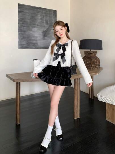SHEIN معطف أنيق طويل الأكمام مزين بفيونكة ذات لون متباين للمراهقات، مناسب للحفلات والعطلات، من نسيج التويد مع تفاصيل فيونكة سوداء، مناسب للخريف والشتاء