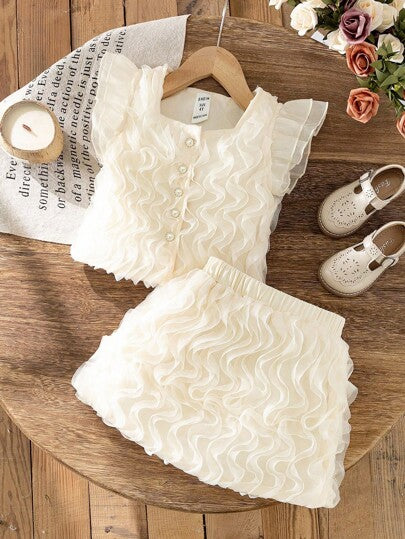 SHEIN Elladie kids طقم تنورة وبلوزة مزخرفة بالأزهار على أكمام قصيرة على الطراز الكوري الأنيق، 2 قطعة مجموعة، جميلة وحلوة للصيف