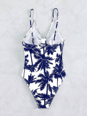 Swim Vcay بدلة السباحة قطعة واحدة مطبوعة بنمط شجرة جوز الهند ومنفذة بتصميم مفرغ، مناسبة للعطلات والشاطئ
