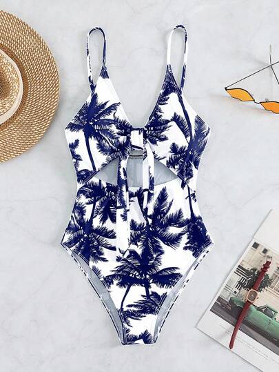 Swim Vcay بدلة السباحة قطعة واحدة مطبوعة بنمط شجرة جوز الهند ومنفذة بتصميم مفرغ، مناسبة للعطلات والشاطئ
