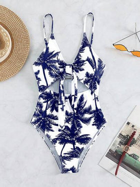 Swim Vcay بدلة السباحة قطعة واحدة مطبوعة بنمط شجرة جوز الهند ومنفذة بتصميم مفرغ، مناسبة للعطلات والشاطئ