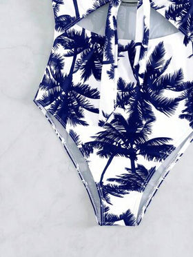 Swim Vcay بدلة السباحة قطعة واحدة مطبوعة بنمط شجرة جوز الهند ومنفذة بتصميم مفرغ، مناسبة للعطلات والشاطئ