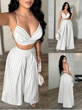 SHEIN SXY مجموعة ملابس علوية أشرطة وبنطلون طويل بدون ظهر للنساء، مجموعة قطعتين مخطط صيفية، مجموعة بنطلون بالاتزو مخطط واسع الساق، مجموعة قطعتين صيفية للنساء، مجموعة قطعتين للعطلات
