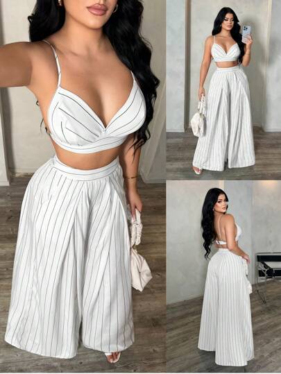 SHEIN SXY مجموعة ملابس علوية أشرطة وبنطلون طويل بدون ظهر للنساء، مجموعة قطعتين مخطط صيفية، مجموعة بنطلون بالاتزو مخطط واسع الساق، مجموعة قطعتين صيفية للنساء، مجموعة قطعتين للعطلات